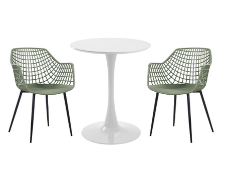 RAKI Set mobila bucatarie, masa rotunda alba D60xh76cm Nikko si 2 scaune polipropilena/picioare metalice Toyama verde/negru