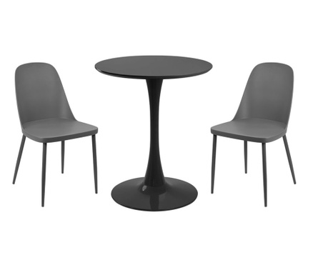 RAKI Set mobila bucatarie, masa rotunda neagra D60xh76cm Nikko si 2 scaune polipropilena/picioare metalice Orlando gri
