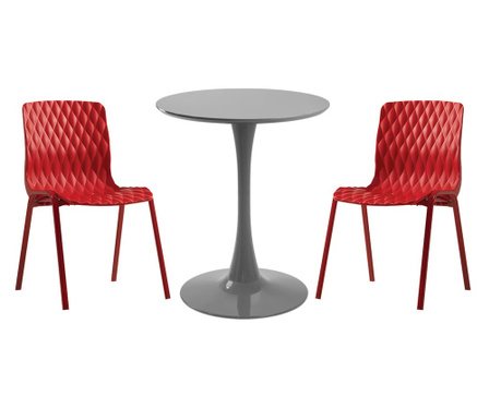 RAKI Set mobila bucatarie, masa rotunda gri D60xh76cm Nikko si 2 scaune polipropilena cu picioare metalice Royal rosii