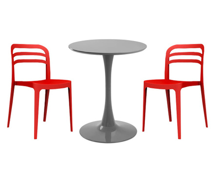 RAKI Set mobila bucatarie, masa rotunda gri D60xh76cm Nikko si 2 scaune polipropilena Aspen rosii