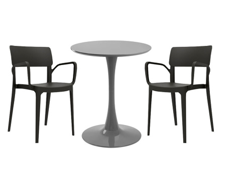 RAKI Set mobila bucatarie, masa rotunda gri D60xh76cm Nikko si 2 scaune polipropilena Panora negre
