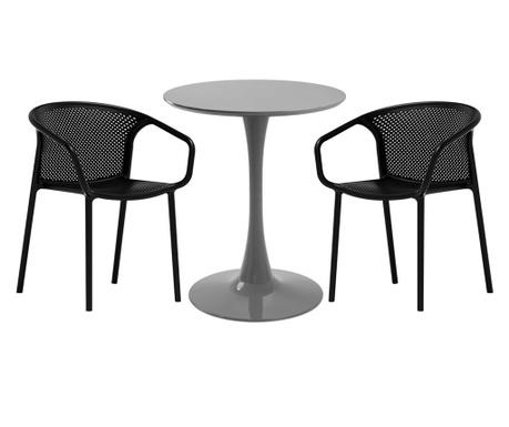 RAKI Set mobila bucatarie, masa rotunda gri D60xh76cm Nikko si 2 scaune polipropilena cu spatar rotunjit Chicago negre