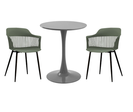 RAKI Set mobila bucatarie, masa rotunda gri D60xh76cm Nikko si 2 scaune polipropilena/picioare metalice Florida verde/negru