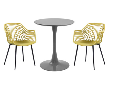 RAKI Set mobila bucatarie, masa rotunda gri D60xh76cm Nikko si 2 scaune polipropilena/picioare metalice Toyama galben/negru