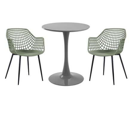RAKI Set mobila bucatarie, masa rotunda gri D60xh76cm Nikko si 2 scaune polipropilena/picioare metalice Toyama verde/negru