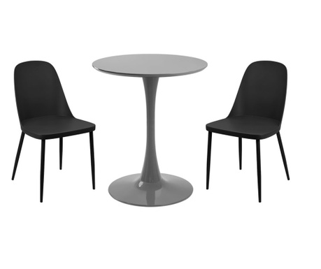 RAKI Set mobila bucatarie, masa rotunda gri D60xh76cm Nikko si 2 scaune polipropilena/picioare metalice Orlando negre