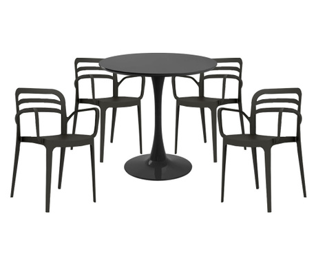 RAKI Set mobila bucatarie, masa rotunda neagra D80xh76cm Nikko si 4 scaune polipropilena Aspendos negre