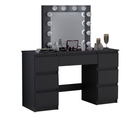 Fésülködőasztal/smink, Mercaton, Vanessa, fekete, tükörrel és LED-ekkel, 130x43x143 cm