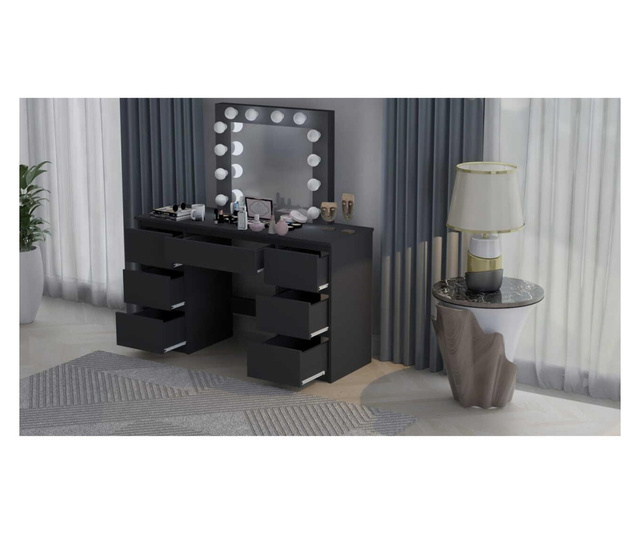 Masa de toaleta/machiaj, Mercaton, Vanessa, negru, cu oglinda si LED-uri, 130x43x143 cm