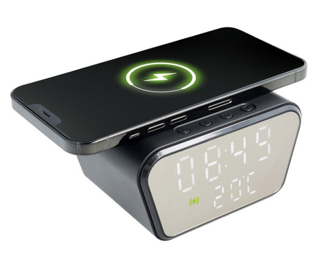 Incarcator Wireless,  Fast Charging 15W cu Ceas Digital si Termometru incorporat, 11 x 8 x 6.5 cm, Negru