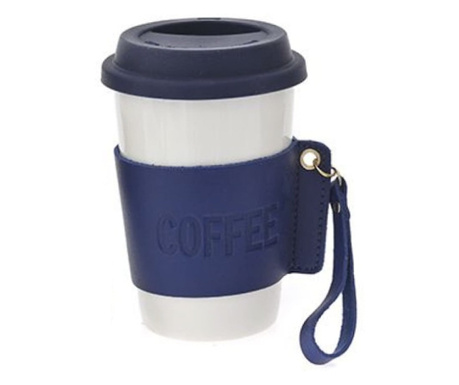 Cana de voiaj Pufo Love Coffee din ceramica cu protectie termica pentru cafea sau ceai, 415 ml, alb/albastru
