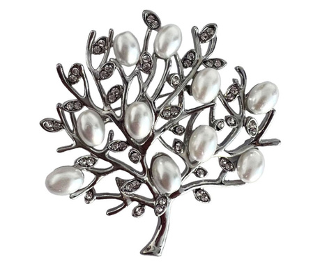 Brosa dama eleganta Copacul vietii, cu perle acrilice albe, argintiu/alb