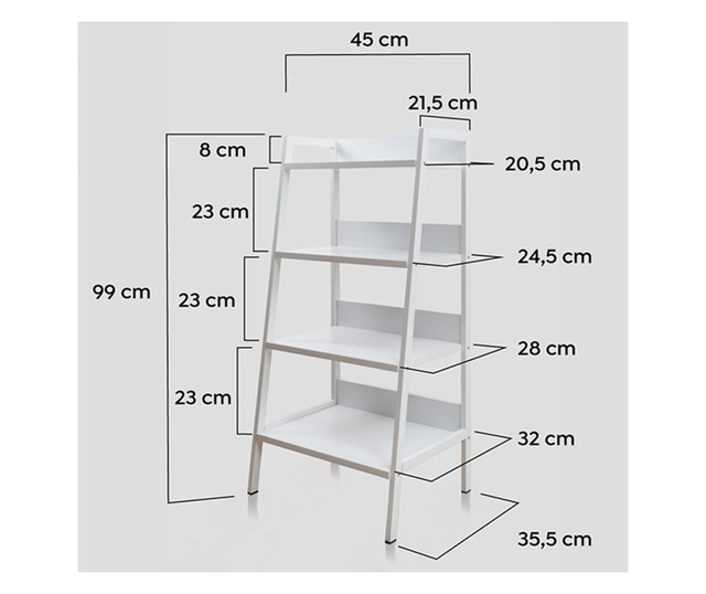 Raft universal, Quasar & Co., etajera 4 polite, lemn, 45 x 20.5-35.5 x 99 cm, alb