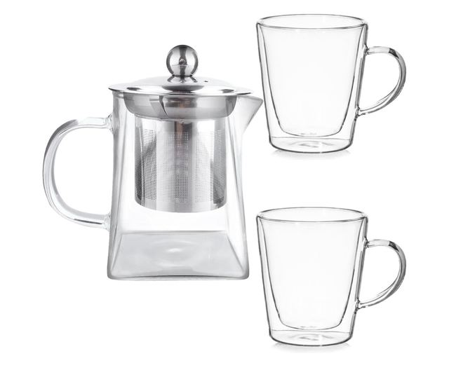 Set ceainic cu 2 cani, Quasar & Co., cu infuzor, capac si 2 cani cu pereti dubli, 550 ml/2 x 250 ml, transparent