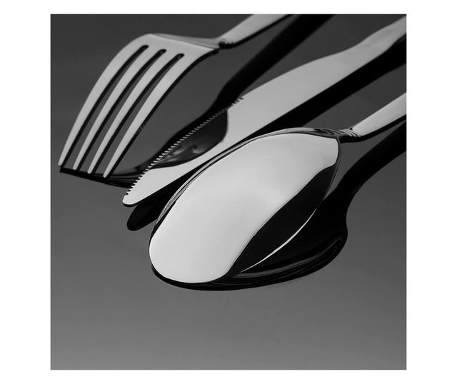 Set 24 tacamuri din inox, Quasar & Co., 6 x cutite, 6 x linguri, 6 x furculite, 6 x lingurite, 40 x 25.5 x 5.5 cm, Negru