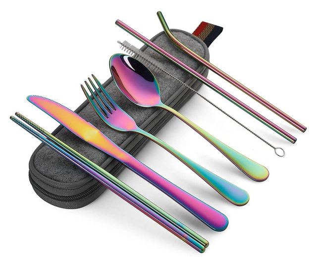 Set tacamuri inox, Quasar & co., pentru birou, calatorii, camping, 7 piese in husa depozitare, 24x7 cm, fade