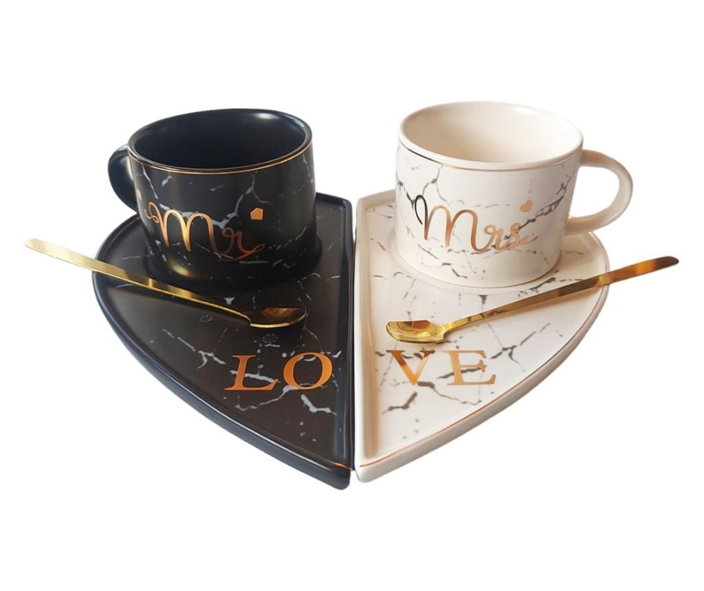 Set 2 cesti de cafea cu suport in forma de inima, Love, Mr, Mrs