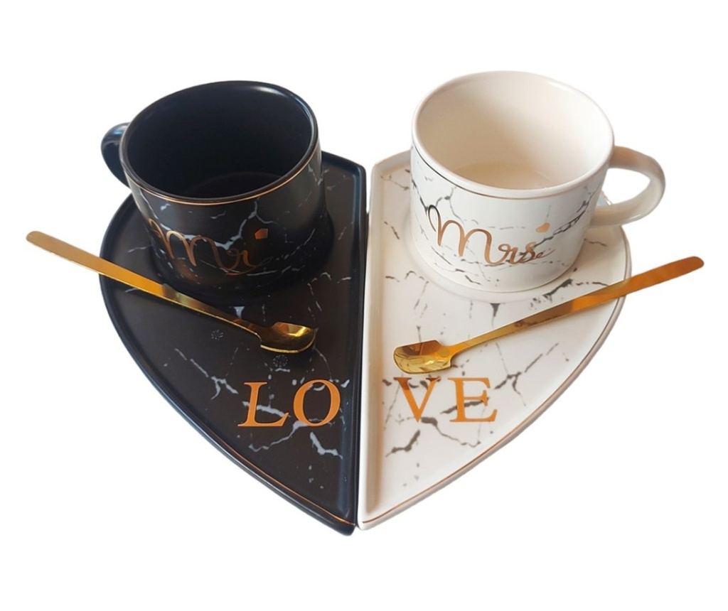 Set 2 cesti de cafea cu suport in forma de inima, Love, Mr, Mrs