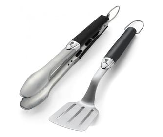 Комплект 2 броя прибори за барбекю Weber WB 6645 Premium, С кутия, Щипка, Шпатула, Неръждаема стомана, Инокс/черен