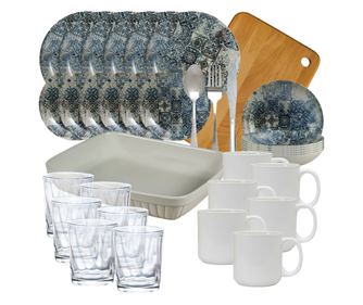 Set de masa cu farfurii, Cesiro, Blue Ash, 50 piese, Crem/Albastru