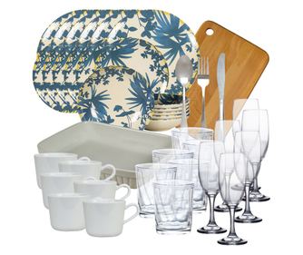Set de masa cu farfurii, Cesiro, Blue Leaves, 56 piese, Crem/Albastru Inchis