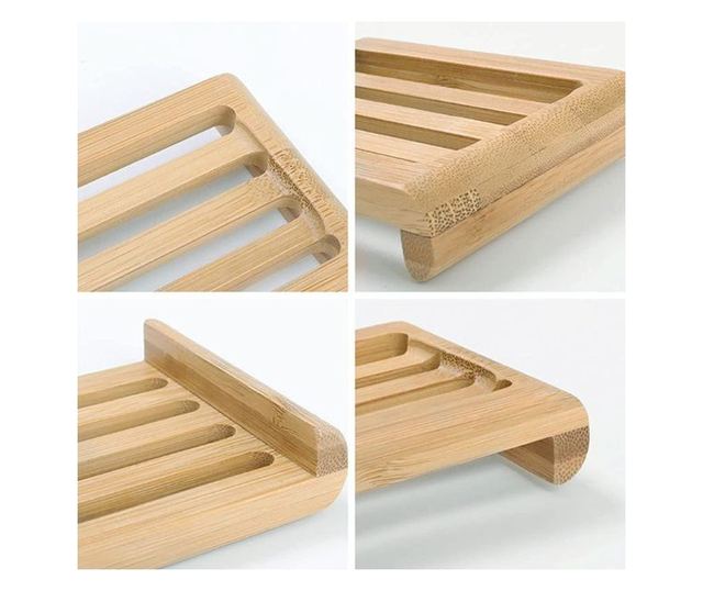 Sapuniera din lemn natural Bambus, anti-derapanta, drenaj apa, 10.9 x 7.5 cm, Maro