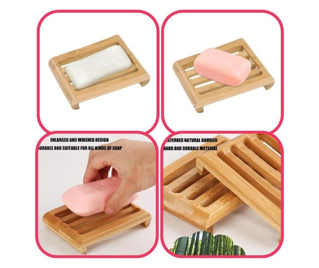 Sapuniera din lemn natural Bambus, anti-derapanta, drenaj apa, 10.9 x 7.5 cm, Maro