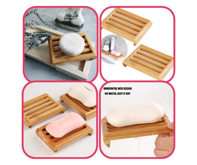 Sapuniera din lemn natural Bambus, anti-derapanta, drenaj apa, 10.9 x 7.5 cm, Maro