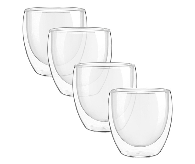 Set 4 pahare din sticla cu pereti dubli, Quasar & Co.®, 250 ml, termorezistente, design modern, h 9 cm, d 8 cm