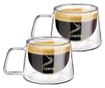 Set 2 cesti cafea, Quasar & Co.®, 200 ml, din sticla cu pereti dubli, termorezistenta, mesaj COFFEE, d 7.8 x h 7 cm