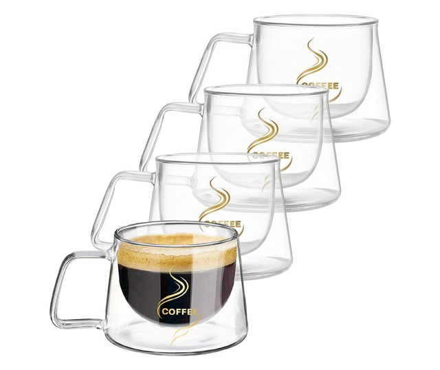 Set 4 cesti cafea, Quasar & Co.®, 200 ml, din sticla cu pereti dubli, termorezistenta, mesaj COFFEE, d 7.8 x h 7 cm