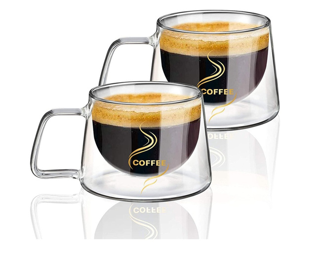 Set 4 cesti cafea, Quasar & Co.®, 200 ml, din sticla cu pereti dubli, termorezistenta, mesaj COFFEE, d 7.8 x h 7 cm