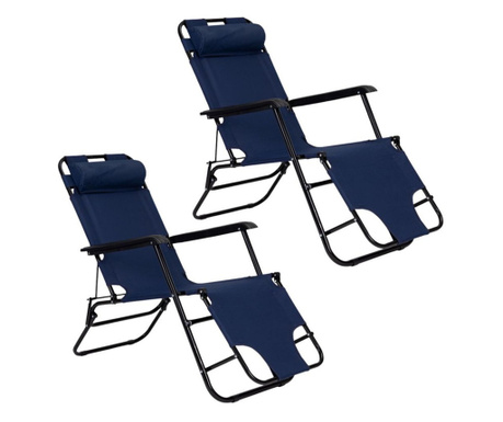 Set 2 sezlonguri pliabile cu tetiera si suport pentru picioare, Cadru Metalic Negru, Max 160 kg, Tesatura, Albastru
