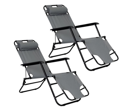 Set 2 sezlonguri pliabile cu tetiera si suport pentru picioare, Cadru Metalic Negru, Max 160 kg, Tesatura, Gri