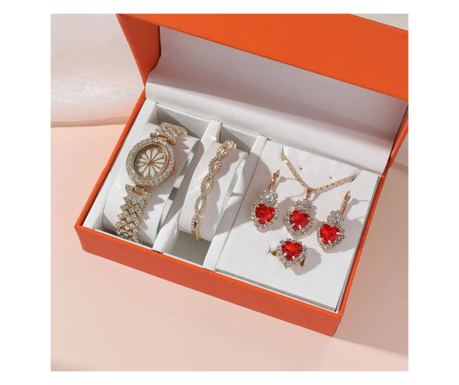 Set MBrands de dama cu ceas. bratara, cercei, colier forma inima, roz gold