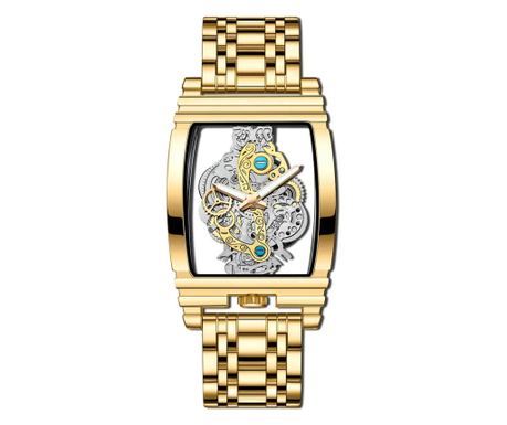 Ceas barbatesc luxury MBrands quartz, bratara inox, spate transparent, secundar forma rotita, dreptunchi - Auriu