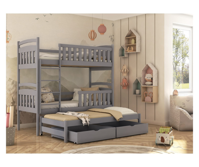 Dječji krevet na kat, AKL FURNITURE, Viki, 200x90x171cm, siva, borovina, FSC 100%