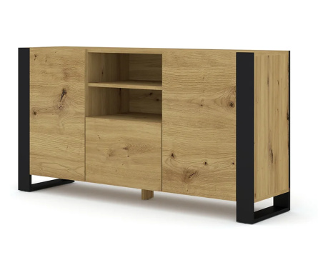 Komód, AKL FURNITURE, Mondi, 158x40x84cm, bézs, fekete, melamin, HDF, ABS