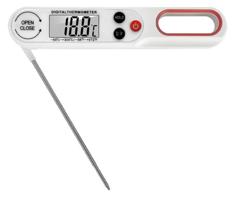 Termometru digital cu sonda Pufo, Display mare usor de citit, -50°C ~ +300°C, Oprire automata, Model pliabil, Alb
