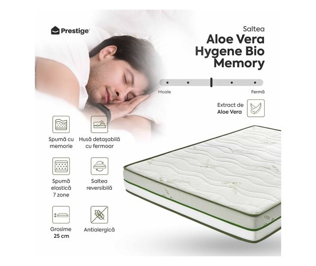 Saltea ALOE VERA HYGENE BIO MEMORY 18+5, 7 zone de confort, spuma cu memorie, husa detasabila cu fermoar, lavabila  200x140x25cm