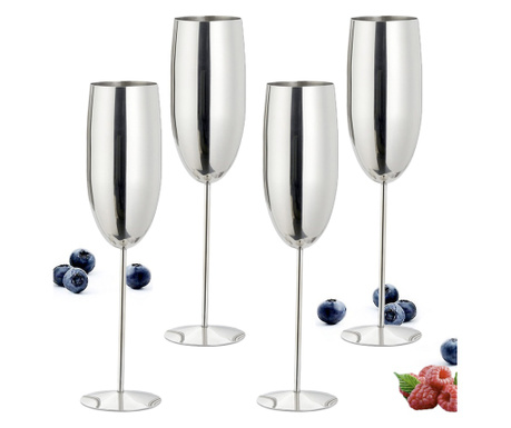 Комплект от 4 чаши за шампанско, Quasar & Co., неръждаема стомана, h 25 cm, 260 ml, Сребрист