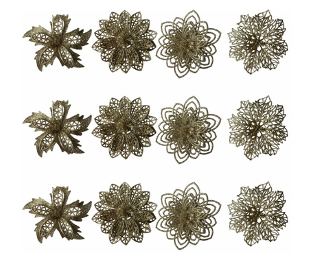Set 12 flori cu sclipici pentru brad, culoare aurie, 12 cm