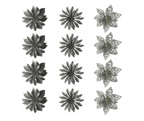 Set 12 Flori cu sclipici pentru brad, culoare argintie, diametru 8 cm