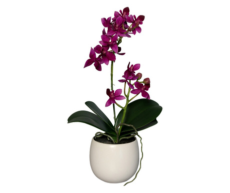 Orhidee artificiala mov cu aspect 100% natural in vas ceramic, 34 cm