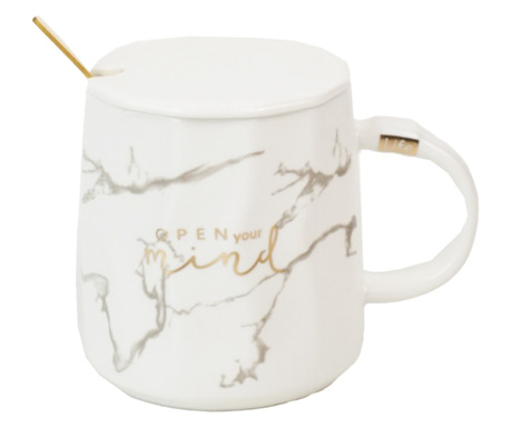 Cana cu capac din ceramica si lingurita Pufo Mind & Life pentru cafea sau ceai, 350 ml, alb