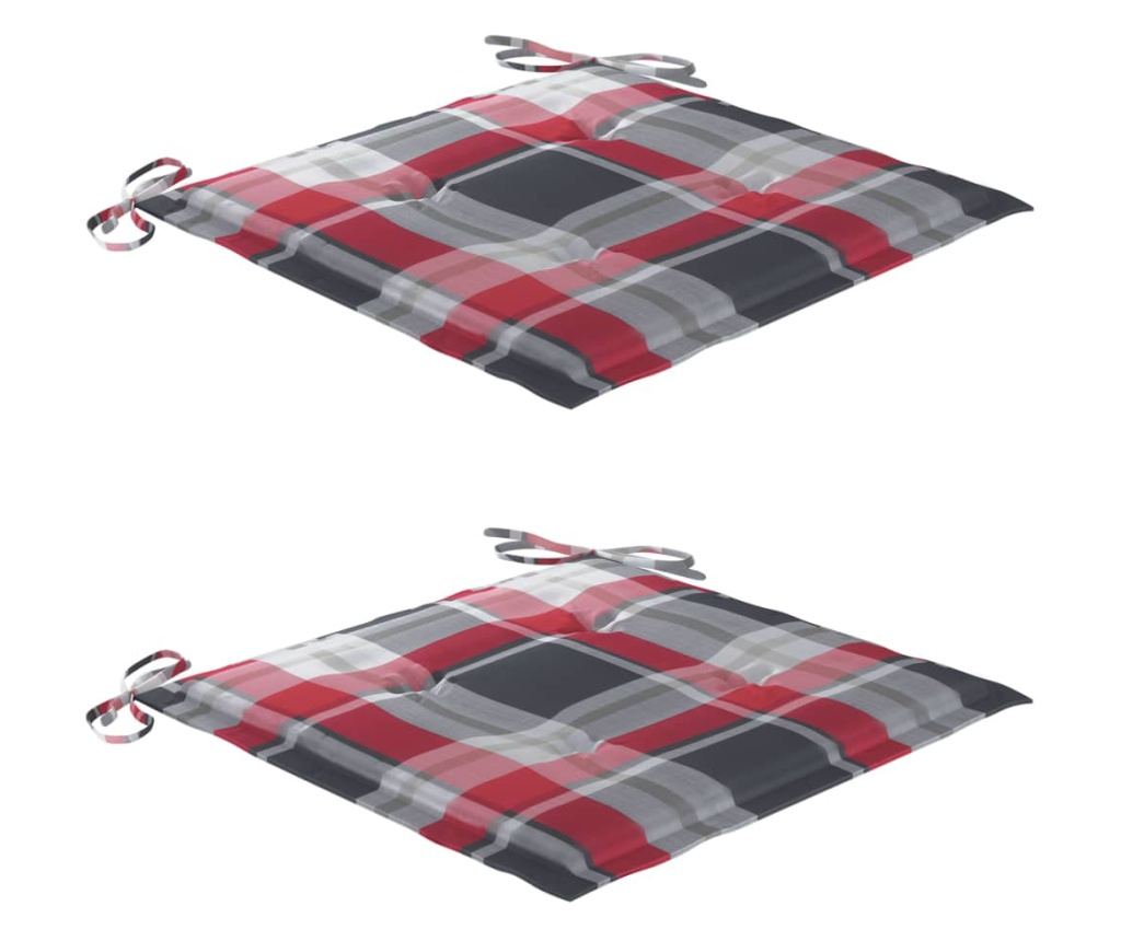 Градински столове с червен кариран десен, 2 бр., Масивно дърво тиково дърво - 8