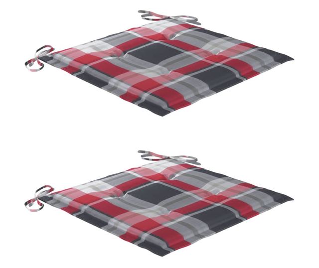 Градински столове с червен кариран десен, 2 бр., Масивно дърво тиково дърво