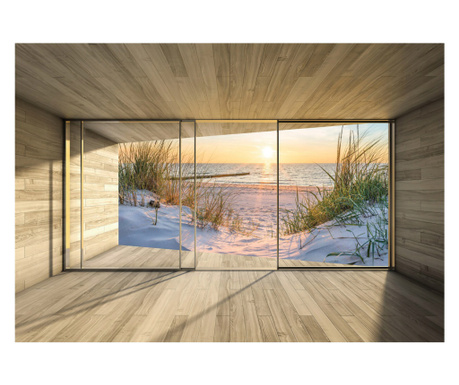 Fototapet 3D Plaja Mare Fereastra 416x254 cm, Vlies Tapet, Decorativ, Perete, Living