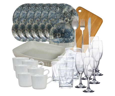 Set de masa cu farfurii, Cesiro, Blue Ash, 56 piese, Crem/Albastru