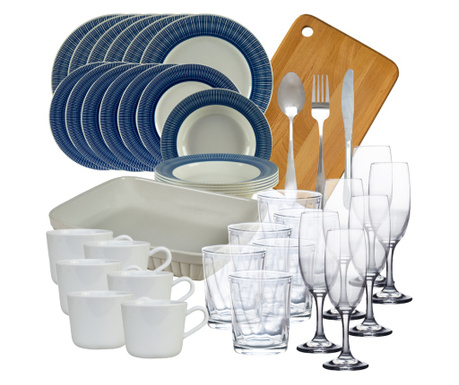 Set de masa cu farfurii, Cesiro, Striations, 56 piese, Ivory/Albastru